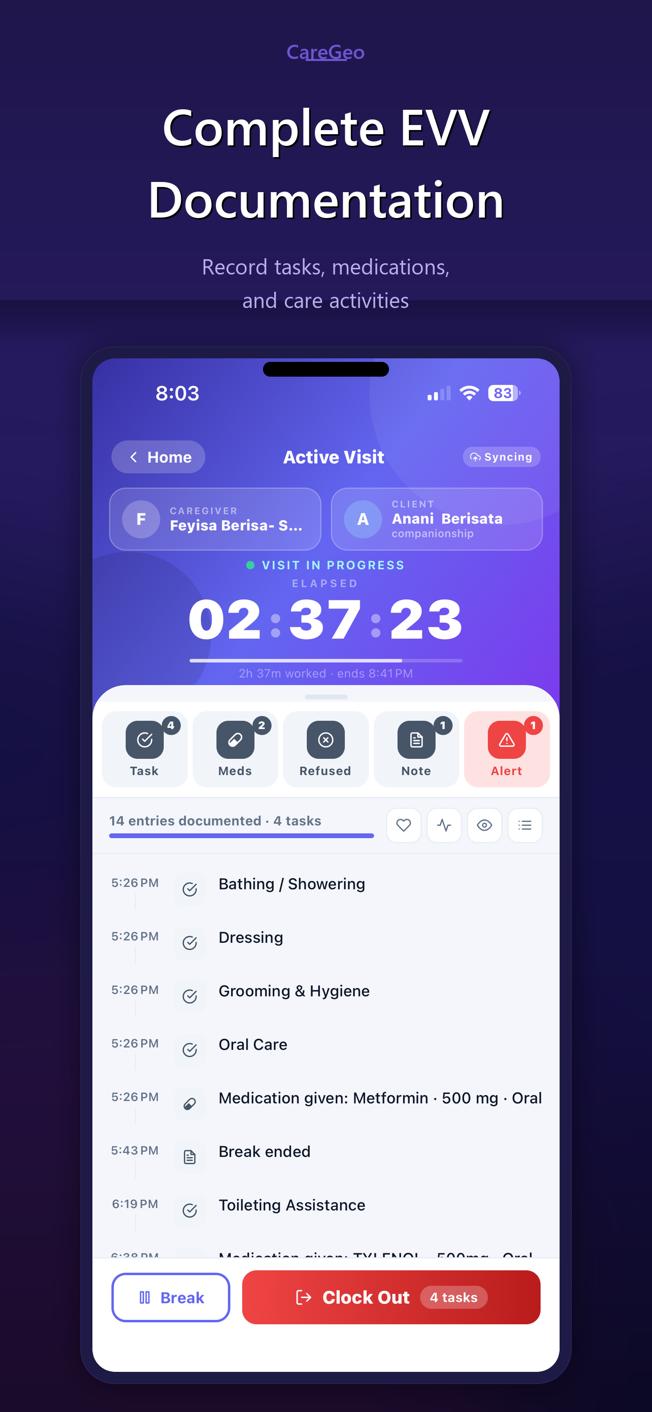 CareGeo active visit — EVV documentation and task logging