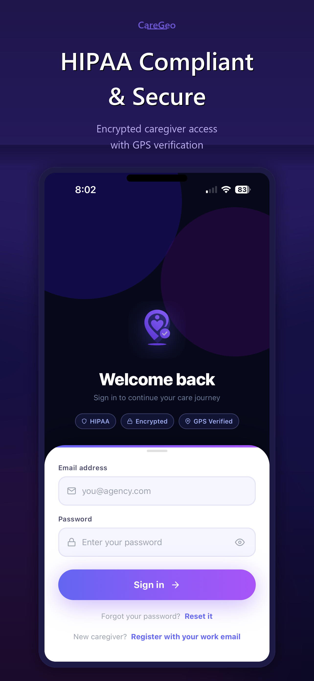 CareGeo login screen — HIPAA compliant caregiver access