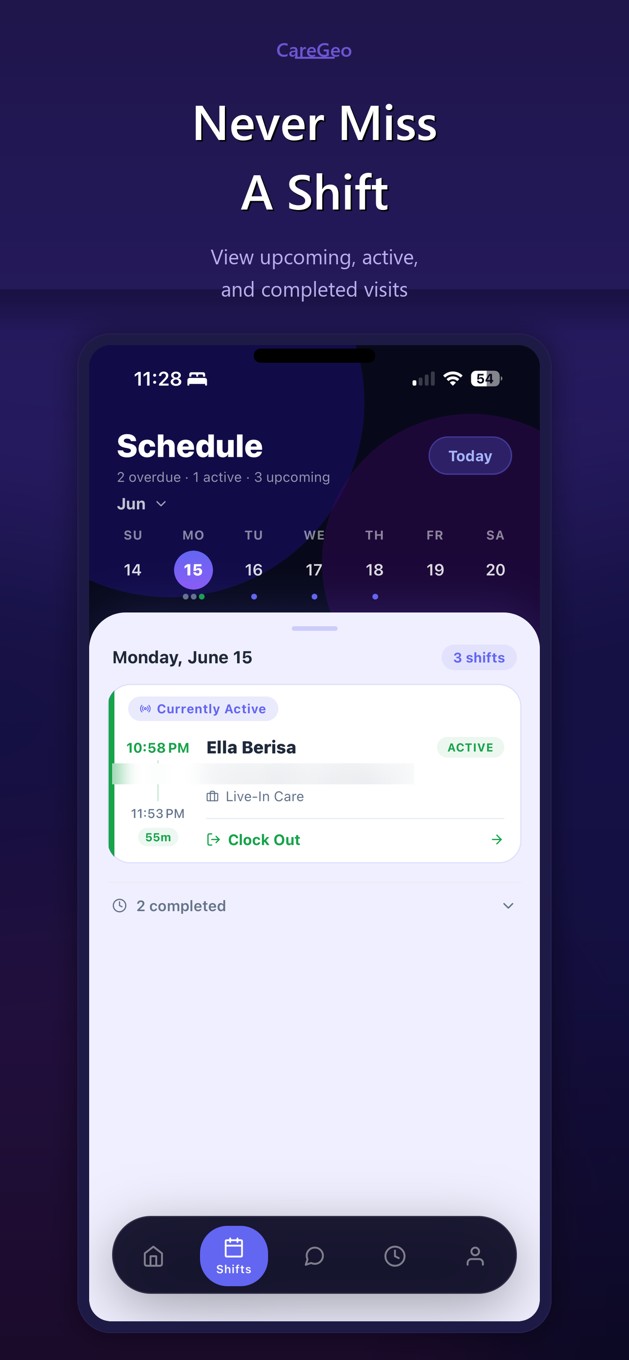 CareGeo shift schedule — weekly caregiver schedule view